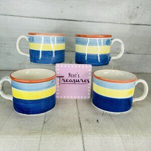 Emerald STRIPS Blue Yellow Orange Hand Painted Large 16oz Ceramic Cup Mug Set 4